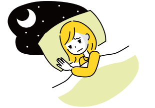 夜、月が出ている中で眠れずに悩んでいる女性のイラスト