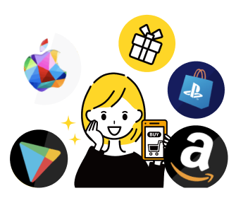 スマートフォンで買い物を楽しむ女性のイラスト。周りにはApple、Amazon、Google Play、PlayStation、ギフトなどのアイコンが描かれており、さまざまなオンラインサービスやギフトの購入をイメージしている